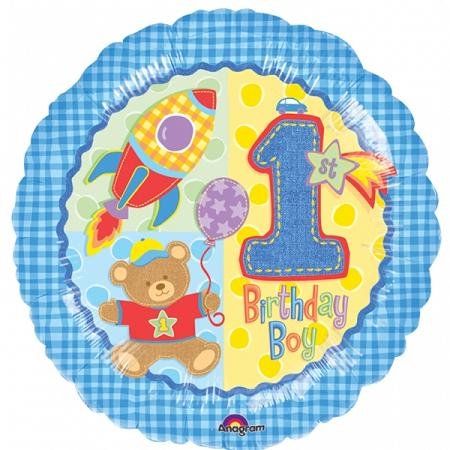Happy 1st Birthday Boy Hugs & Stitches Foil Balloon