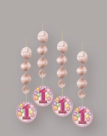 Happy 1st Birthday Balloons Pink Hanging Decorations