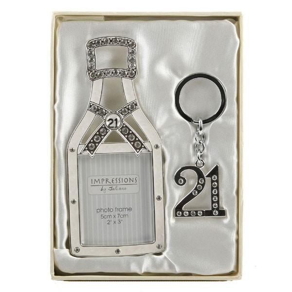 21st Silver Plated Champagne Bottle Frame & Keyring