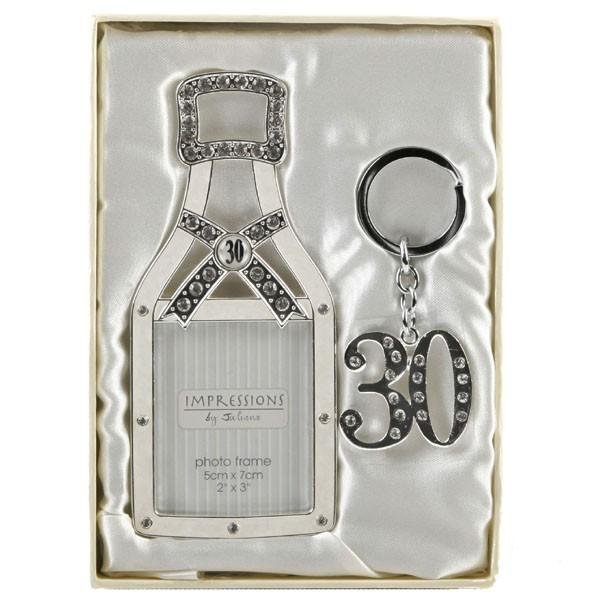 30th Silver Plated Champagne Bottle Frame & Keyring
