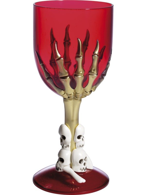 Wine Glass Red With Skeleton Hand and Skull Stem