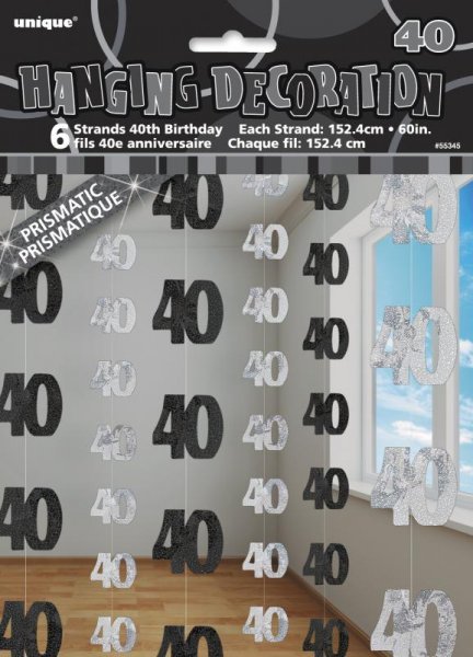 Happy 40th Birthday Black and Silver Glitz Hanging Strings