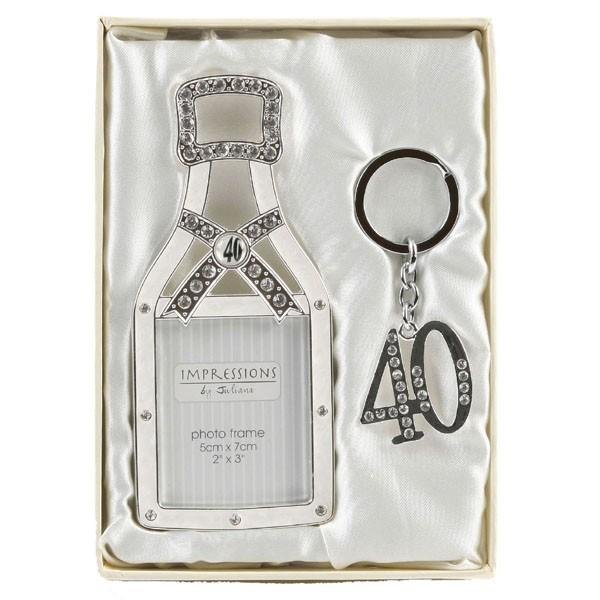 40th Silver Plated Champagne Bottle Frame & Keyring