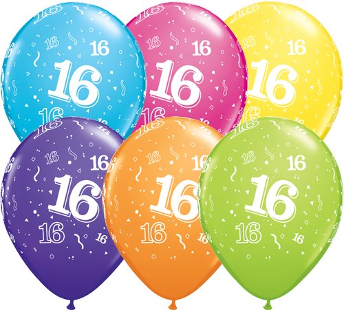 Age 16 Muti-Coloured Latex Balloons