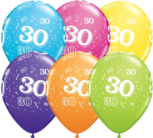 Age 30 Muti-Coloured Latex Balloons