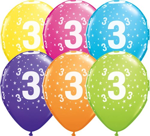 Age 3 Stars Muti-Coloured Latex Balloons