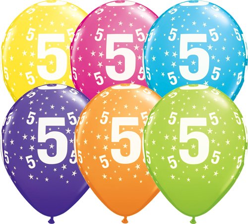 Age 5 Stars Muti-Coloured Latex Balloons