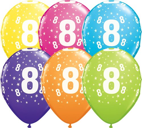 Age 8 Stars Muti-Coloured Latex Balloons