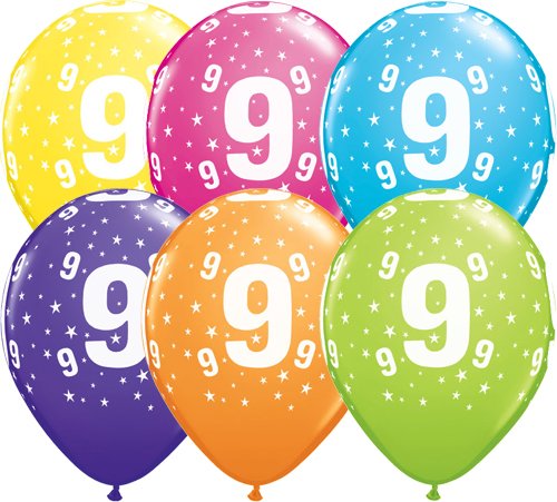 Age 9 Stars Muti-Coloured Latex Balloons