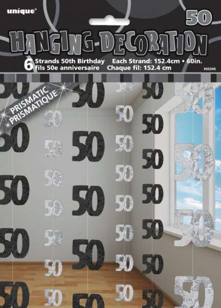 Happy 50th Birthday Black and Silver Glitz Hanging Strings
