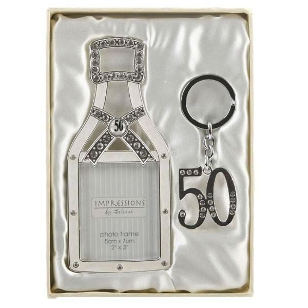 50th Silver Plated Champagne Bottle Frame & Keyring