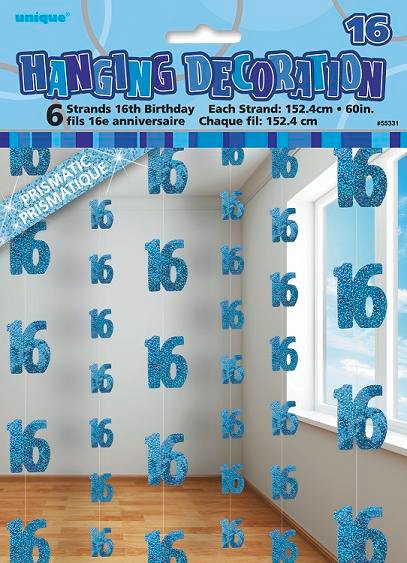 Happy 16th Birthday Blue Hanging Strings