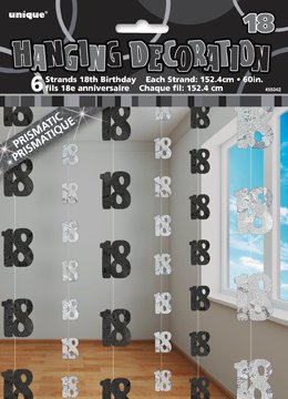 Happy 18th Birthday Black and Silver Glitz Hanging Strings