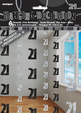 Happy 21st Birthday Black and Silver Glitz Hanging Strings