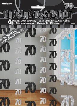 Happy 70th Birthday Black and Silver Glitz Hanging Strings