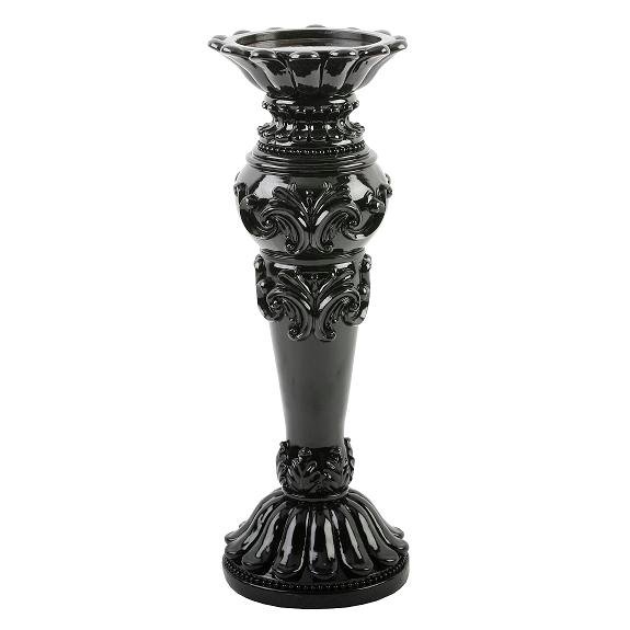 Hestia Candlestick Fleur-de-Lys Style 12" Resin Black Col