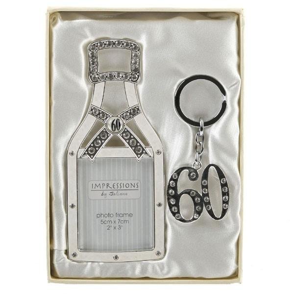60th Silver Plated Champagne Bottle Frame & Keyring