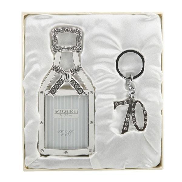 70th Silver Plated Champagne Bottle Frame & Keyring