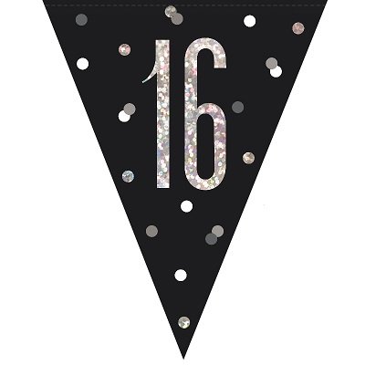 Happy 16th Birthday Flag Banner Glitz Black