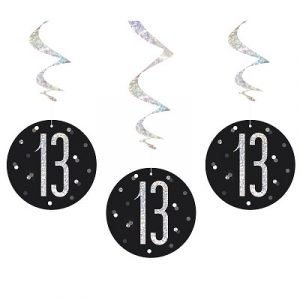 Happy 13th Birthday Black & Silver Glitz Hanging Swirls Decorations