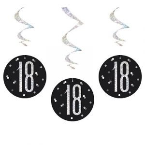 Happy 18th Birthday Black & Silver Glitz Hanging Swirls Decorations