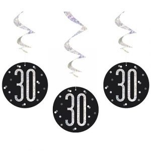 Happy 30th Birthday Black & Silver Glitz Hanging Swirls Decorations