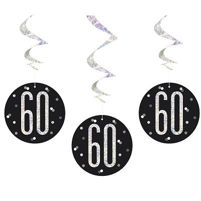 Happy 60th Birthday Black & Silver Glitz Hanging Swirls Decorations