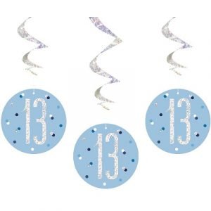 Happy 13th Birthday Blue & Silver Glitz Hanging Swirls Decorations