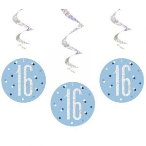 Happy 16th Birthday Blue & Silver Glitz Hanging Swirls Decorations