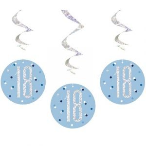 Happy 18th Birthday Blue & Silver Glitz Hanging Swirls Decorations