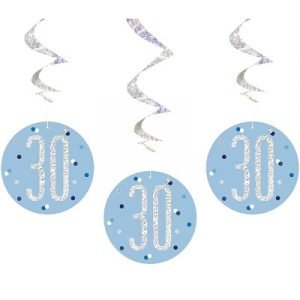 Happy 30th Birthday Blue & Silver Glitz Hanging Swirls Decorations