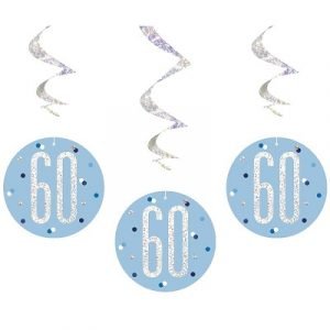 Happy 60th Birthday Blue & Silver Glitz Hanging Swirls Decorations