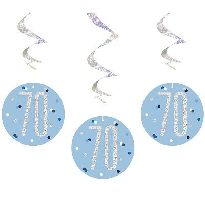 Happy 70th Birthday Blue & Silver Glitz Hanging Swirls Decorations