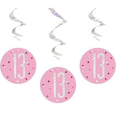Happy 13th Birthday Pink & Silver Glitz Hanging Swirls Decorations