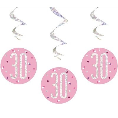 Happy 30th Birthday Pink & Silver Glitz Hanging Swirls Decorations
