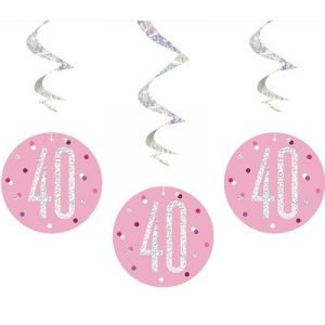 Happy 40th Birthday Pink & Silver Glitz Hanging Swirls Decorations