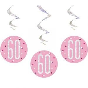Happy 60th Birthday Pink & Silver Glitz Hanging Swirls Decorations