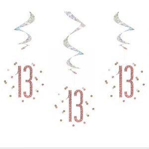 Happy 13th Birthday Rose Gold & Silver Glitz Hanging Swirls Decorations