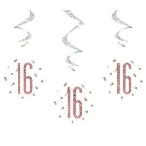 Happy 16th Birthday Rose Gold & Silver Glitz Hanging Swirls Decorations