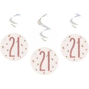 Happy 21st Birthday Rose Gold & Silver Glitz Hanging Swirls Decorations